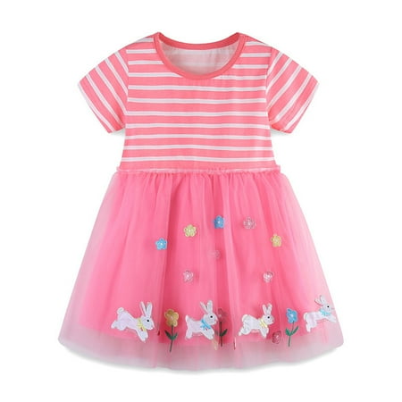 

Qudderr Baby Kids Girls Short Sleeve Tulle Dress 1-7 Years Girls Cartoon Embroidery Princess Dresses Toddlers Summer Fashion Sundress