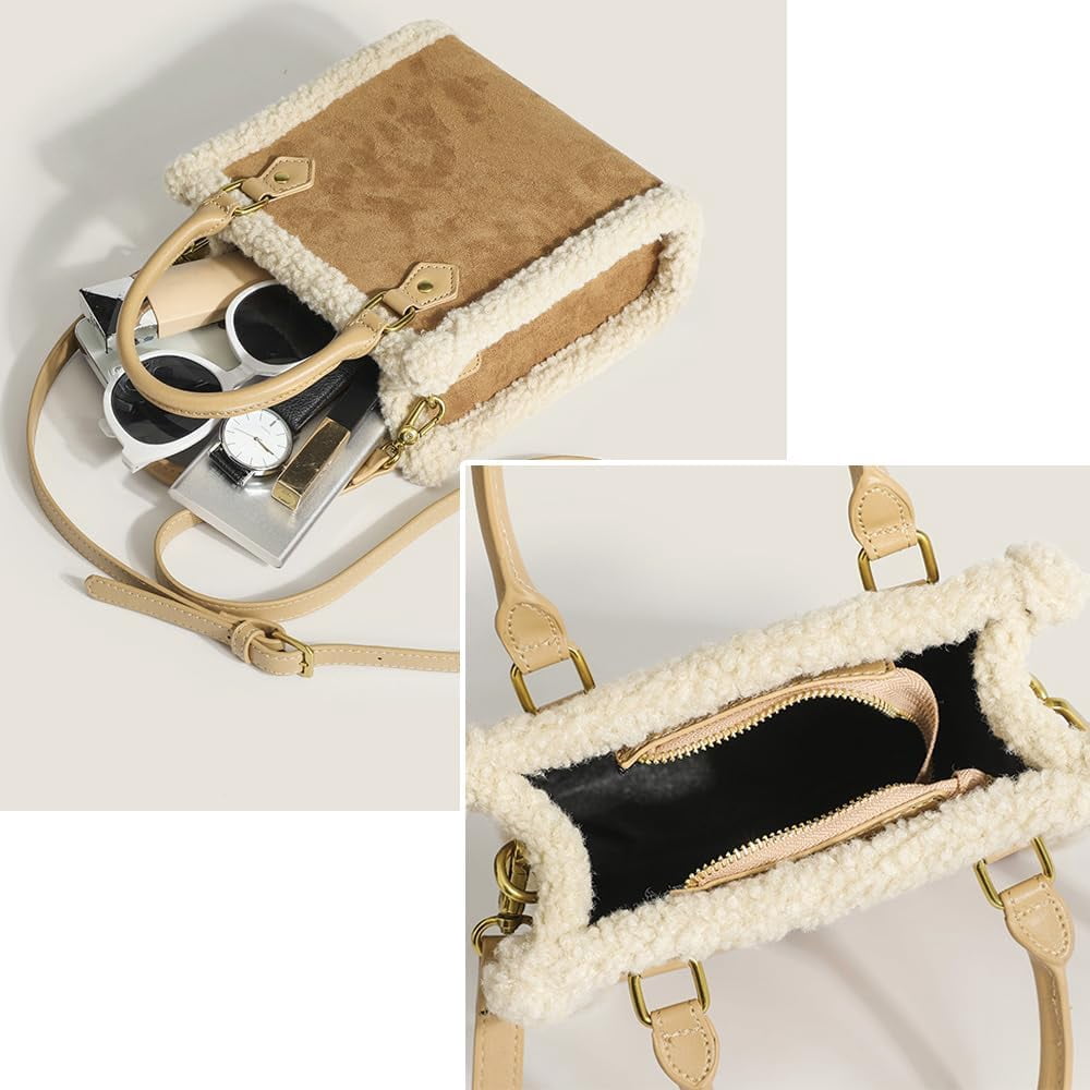 JennyShop Trendy PU Tote Handbag Premium Bag, Square Purse Fashionable Shoulder Bag with Faux Lambswool Decoration for Women
