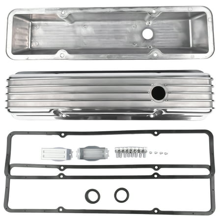 NEWZQ Retro Finned Polished Aluminum Tall Valve Cover Set for Chevy Small Block 305 400 Silver 2Pcs