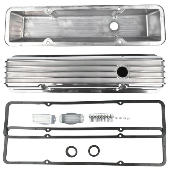 NEWZQ Retro Finned Polished Aluminum Tall Valve Cover Set for Chevy Small Block 305 400 Silver 2Pcs