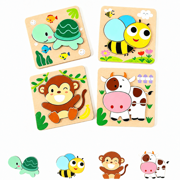 Adofi Wooden Puzzles for Toddlers 2-4, 4 Pack Animal Shape Puzzle Montessori Toys for 1 2 3 Year Old, Educational Learning Toys for Girls Boys