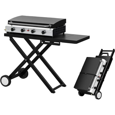 UNBRAND Foldable Flat Top Grill with 4 Burner & Lid, Powerful 40,000 BTU Propane Gas Grills with Ignition, Enamel Griddle, Side Shelf & Portable Cart with Wheels for Outdoor Camping Hibachi Grill Use