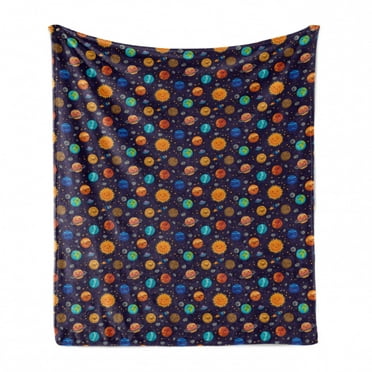 Space Soft Flannel Fleece Blanket, Cheerful Kids Planets as Sun Mercury Venus Earth Jupiter Mars with Alien Spaceships, Cozy Plush for Indoor and Outdoor Use, 70" x 90", Multicolor, by Ambesonne
