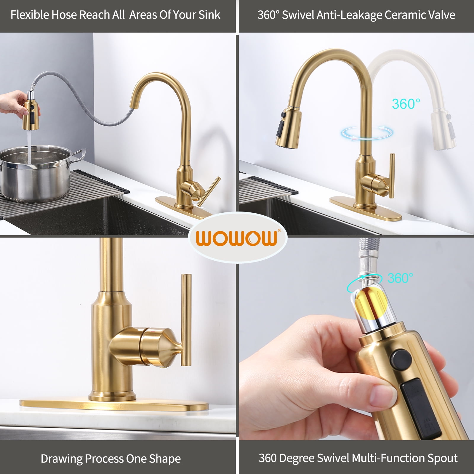 WOWOW Single Handle Kitchen Sink Faucet Brushed Gold Kitchen Faucet with Pull Down Sprayer
