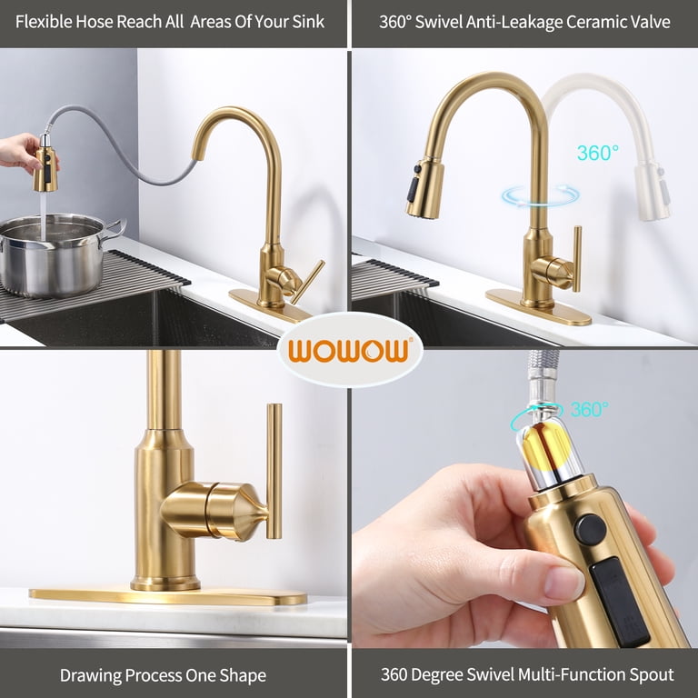 Kitchen Sink Mixer Tap, Kitchen Tap with Pull Down Sprayer, Gold Swivel Mixer Taps High Arc Water Faucet Single Handle Kitchen Sink Taps for 1 Hole Kitchen Sink Mixer Tap, Kitchen Tap with Pull Down Sprayer, Gold Swivel Mixer Taps High Arc Water Faucet Single Handle Kitchen Sink Taps for 1 Hole