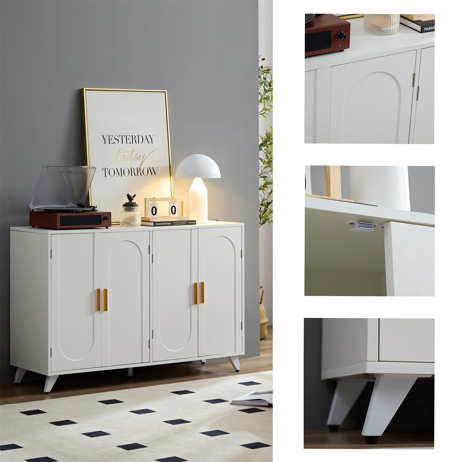 Hommoo Arch Texture Sideboard Buffet Cabinet with 4 Doors and Removable Shelves, Accent Cabinets Coffee Bar Cabinet, Modern Multifunctional Storage Cabinet for Home, Ivory White