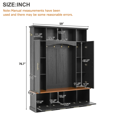 4-in-1 Farmhouse Hall Tree with Bench, Golden Hooks & Handles, Adjustable Shelves, Entryway Coat & Shoe Rack for Mudroom, Black