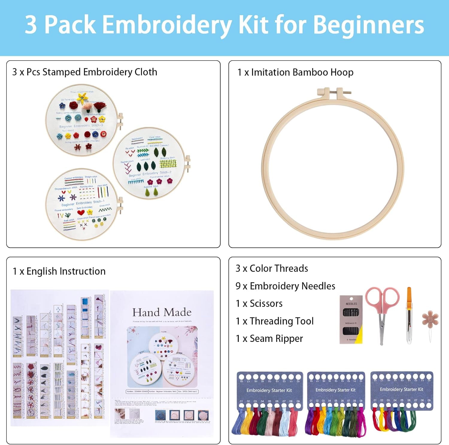3 Sets Embroidery Kit Beginners Embroidery Stitch Practice Kit 3 Sets Hand Embroidery Starter Kit with 1 Hoop Learn 25 Different Stitches for Craft Lover Adult Stitch with Embroidery Skill Techniques