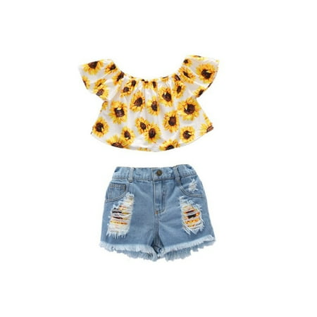 

Binpure Kids Sunflower Print Boat Neck Short Sleeve Tops+ Denim Shorts