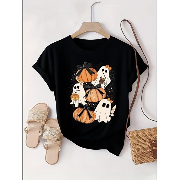 Halloween T-shirt Women's Crew Neck T-shirt with lively letters and scary anime prints, women's short-sleeved Halloween events, daily wear, seasonal fashion, comfortable fit, graphic T-shirt