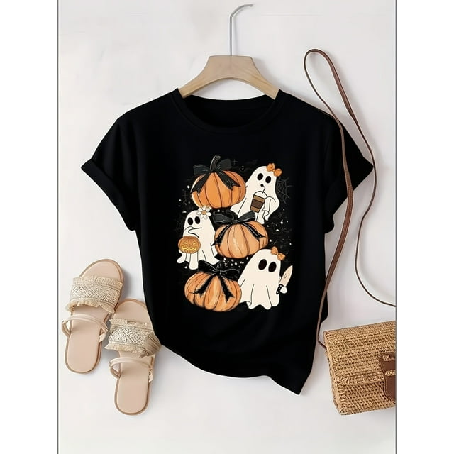 Halloween T-shirt Women's Crew Neck T-shirt with lively letters and scary anime prints, women's short-sleeved Halloween events, daily wear, seasonal fashion, comfortable fit, graphic T-shirt