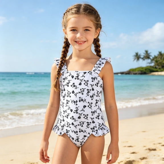 MEZZALL Children Girls One-Pieces Monokini Swimsuit Floral Print Cute Cartoon Bathing Suit Toddler Kids Summer Beach Pool Wear Relaxed Fit Swimwear Beachwear