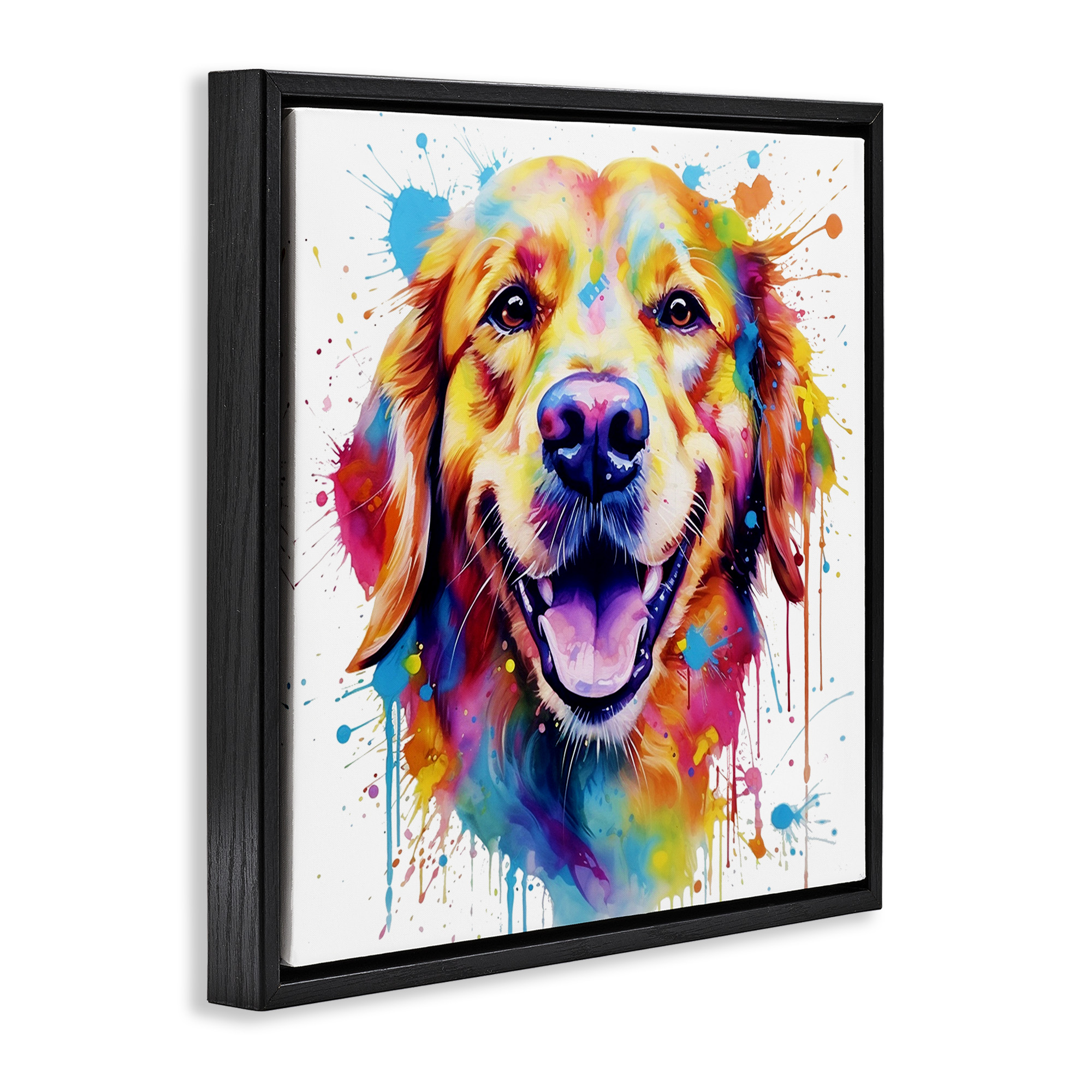 Stupell Industries Happy Dog Paint Drip Animals & Insects Painting Black Floater Framed Canvas Art Print Wall Art, 25 x 25