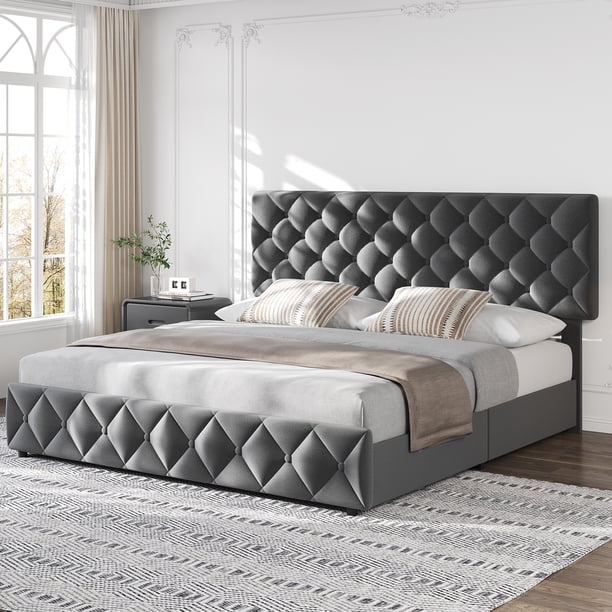 Yeshouse Base de cama tapizada con plataforma, 4 cajones y cabecera ajustable. Diseño capitoné con botones cosidos en forma de diamante. No requiere somier. Fácil montaje