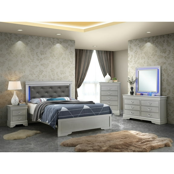 Contemporary Home Living LED Lighted Jewel Tufted Panel Full Bed - 80" - Silver Champagne