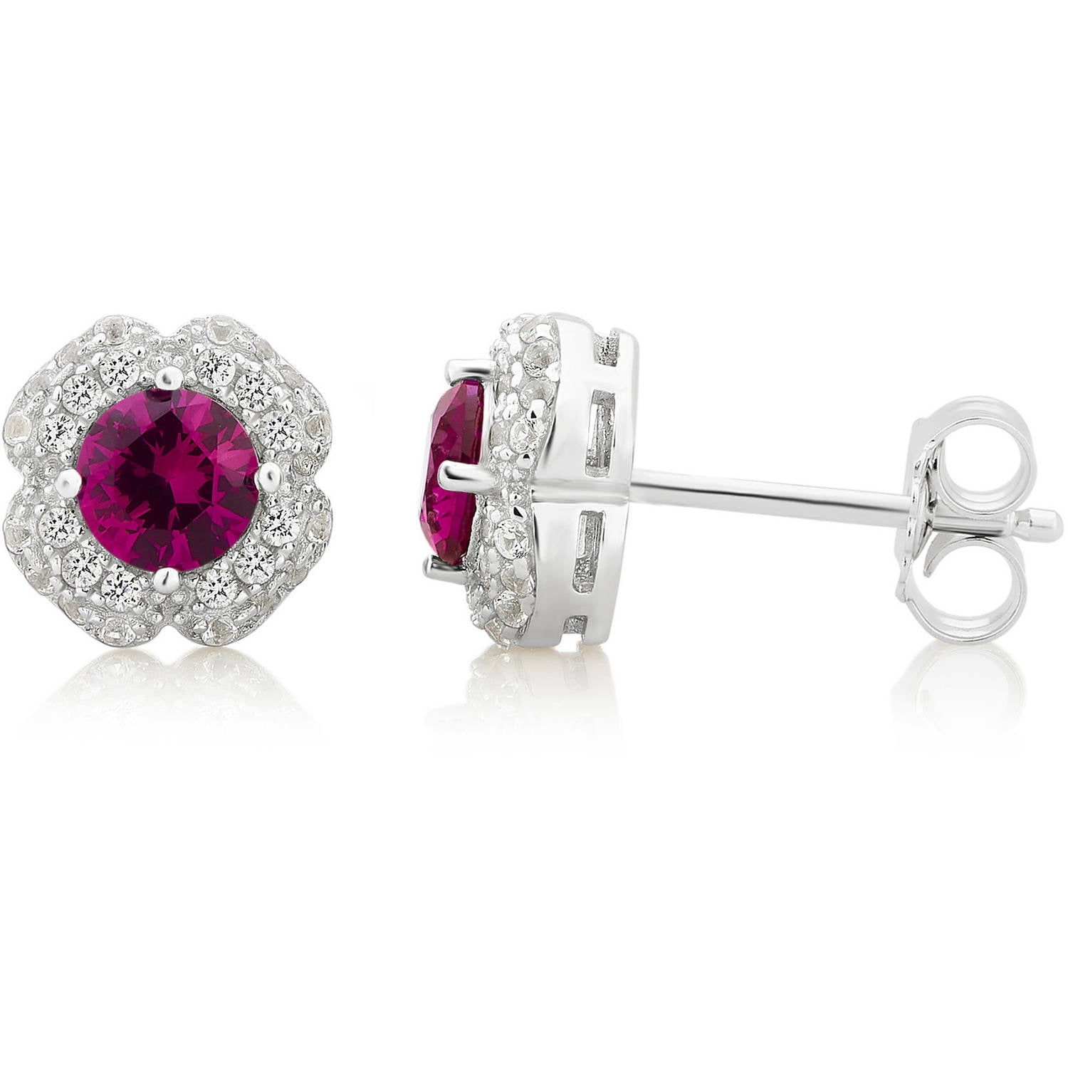 Arista Created Ruby and White Sapphire Gemstone White Flower Frame Women's Stud Earring in Sterling Silver