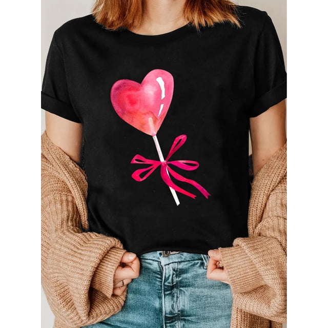 T-Shirt Décontracté Col Rond pour la Saint-Valentin pour Femmes, Tissu Tricoté, Manches Courtes Légèrement Extensible, Coupe Régulière, Haut Toutes Saisons avec Imprimé Cœur et Nœud Amour Sucre pour Adulte, Homme, Femme, Adolescent