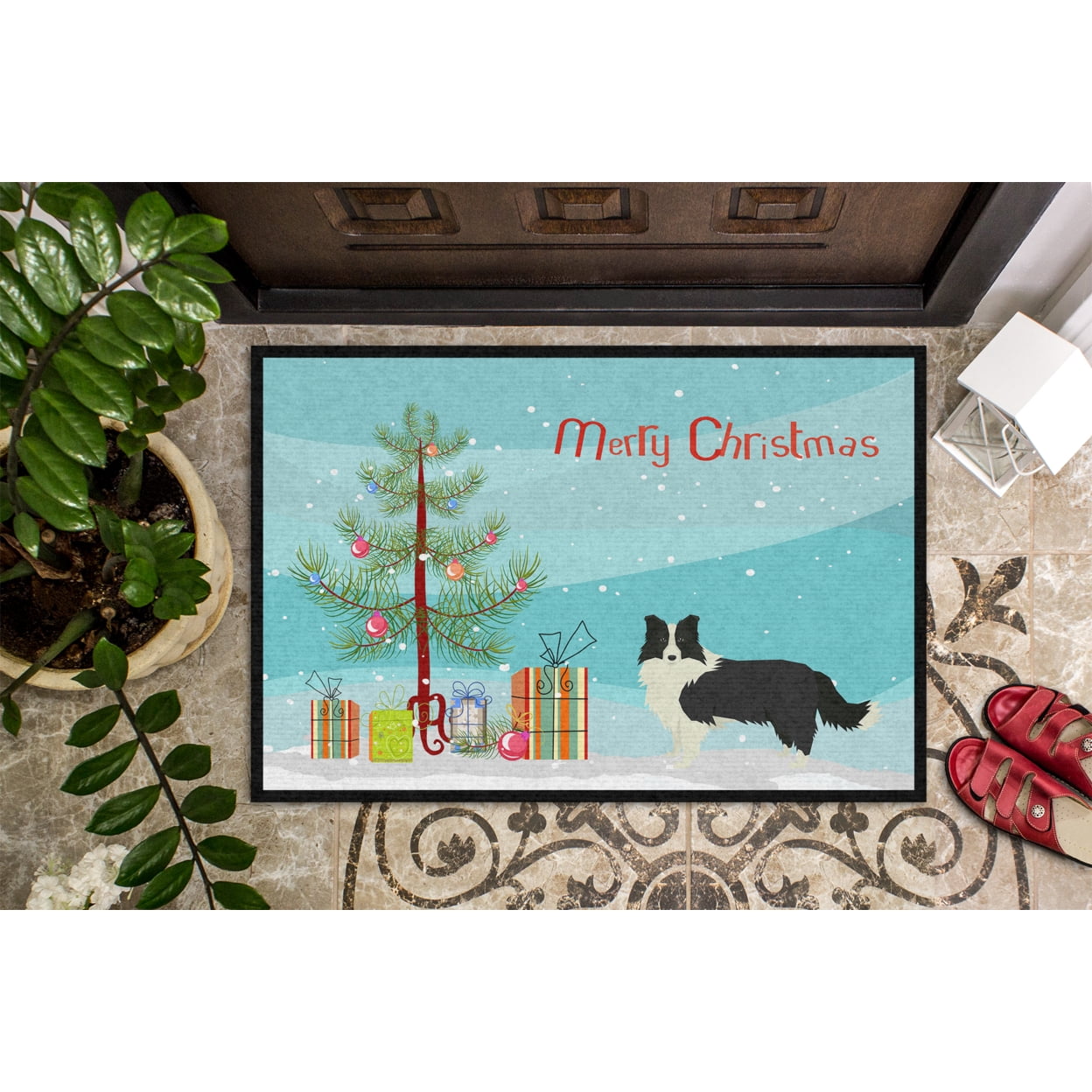 Border Collie Christmas Tree Door Mat