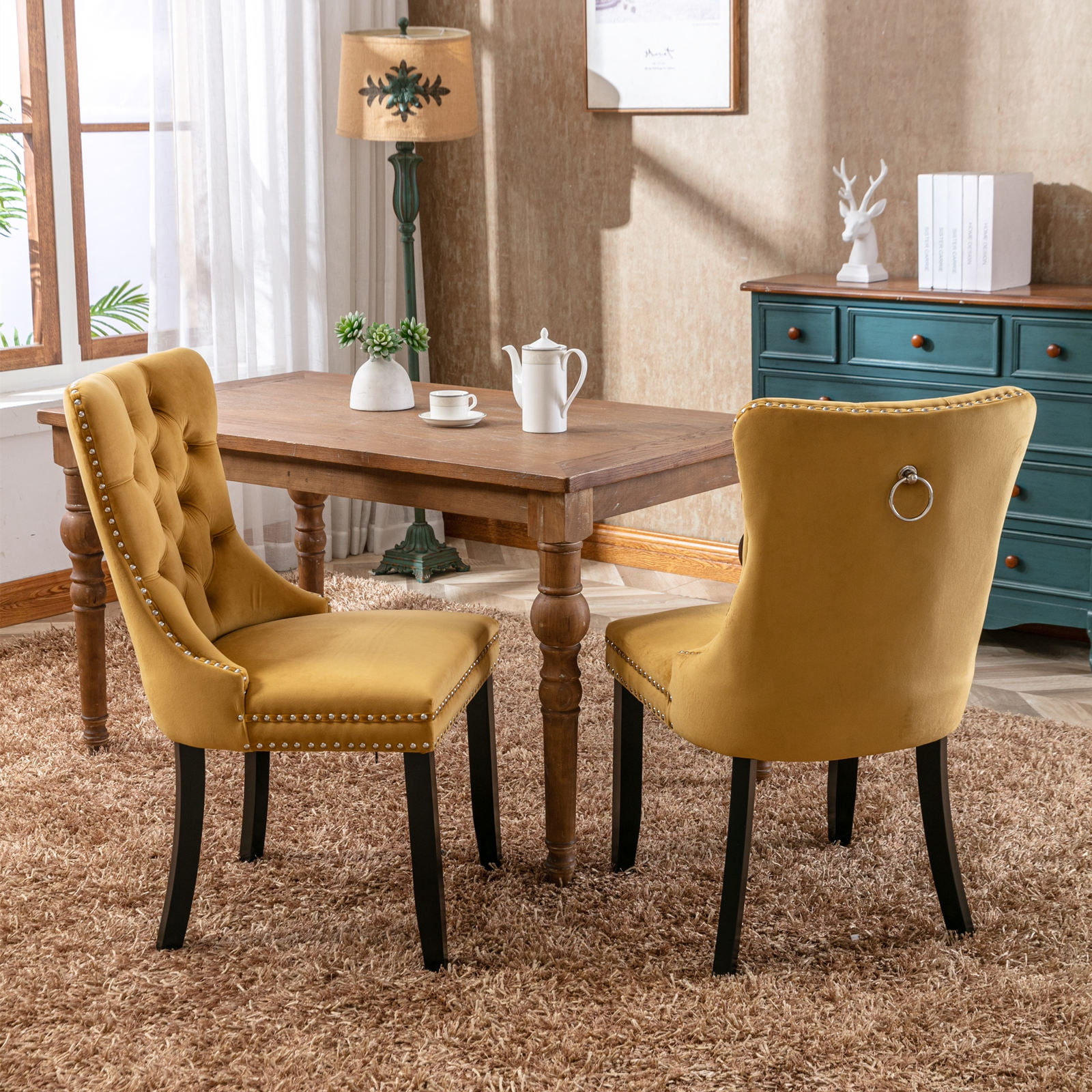 Gewnee 2-Pcs Set High-End Tufted Solid Wood Contemporary Velvet Upholstered Dining Chair with Wood Legs Nailhead Trim