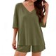 thumbnail image 2 of 3/4 Manga Casual Tops para las Mujeres Suelto V-Cuello Nervioso Punto Superior con Elástico-Cintura Pantalones Cortos Pantalones Conjuntos, Tela Elástica Suave para el Salón Diario Y el Uso Casual, 2 of 6