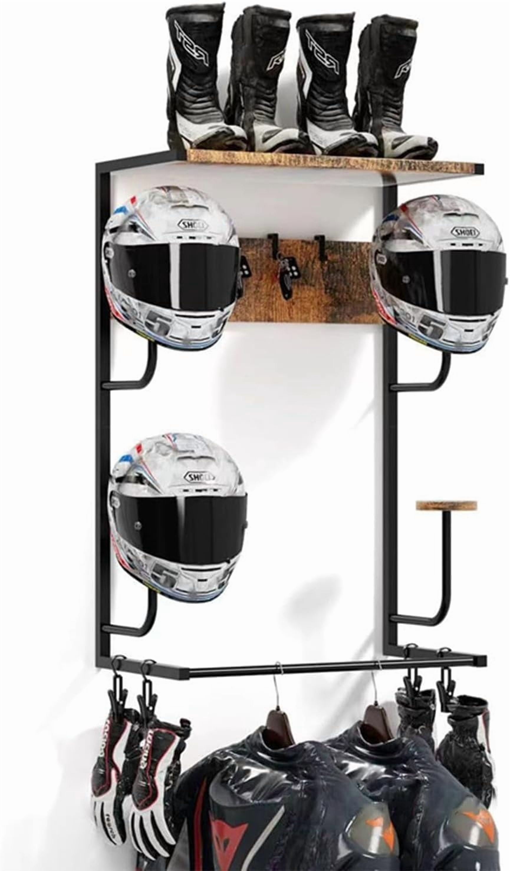 Rugerasy Motorcycle Helmet Holder Wall Mounted,Helmet Wall Mount with 4 Hat Stands and 4 Hooks,Motorcycle Gear Rack for Most of Helmet and Clothes,Wood color
