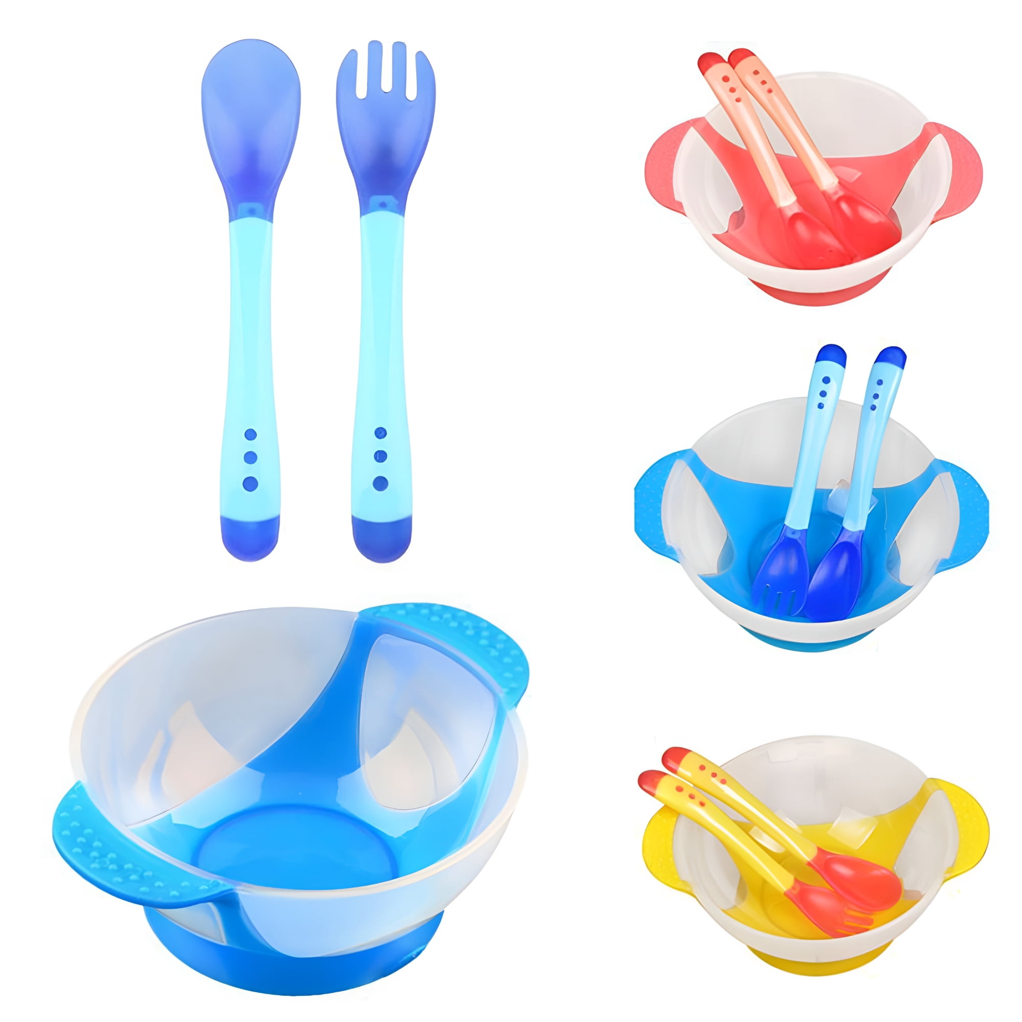 ACDANC Kitchen 3Pcs Baby Feeding Bowls with Sensing Spoon Fork and Bottom Anti Slip Silicone Suction Cup,Baby Food Bowl First Stage Dishwasher and Microwave Safe