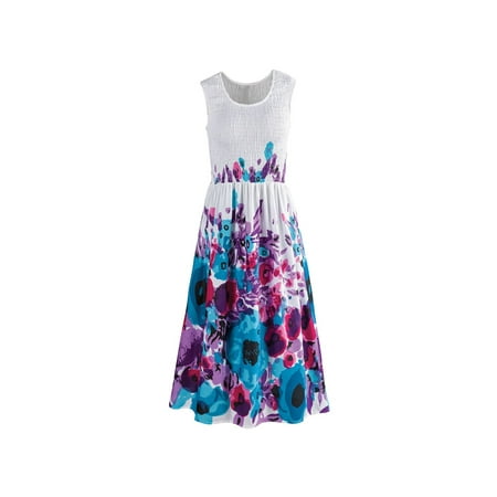 smocked bodice midi peonies sundress sleeveless colorful length dress dialog displays option button additional opens zoom