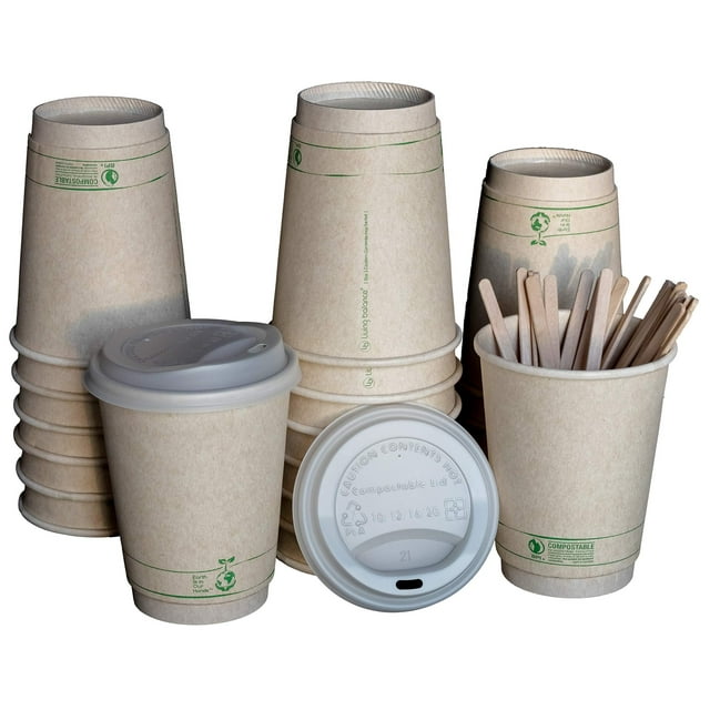 Certified Compostable Coffee Cups by Living Balance | 12oz - 100 cups with Compostable Lids, Stirrers, and Integrated Sleeves