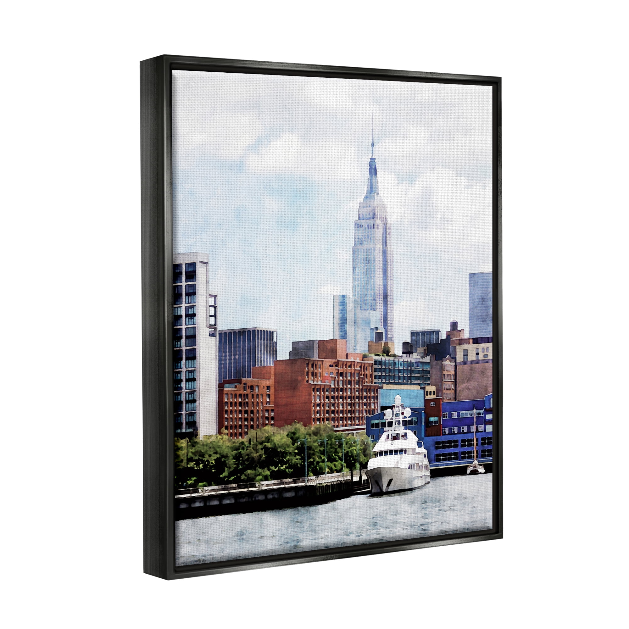 Stupell Industries New York Pier Metropolis Skyline Town & City Painting Black Floater Framed Art Print Wall Art