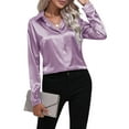 thumbnail image 3 of Satin Blouses for Women Casual Long Sleeve Button Down Shirts Dressy Business Work Tunic Top Purple L, 3 of 9