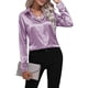 thumbnail image 3 of Blusas de Satén para Mujer, Informales, de Larga, con Botones, Elegantes, para Trabajo y Negocios Púrpura M, 3 of 9
