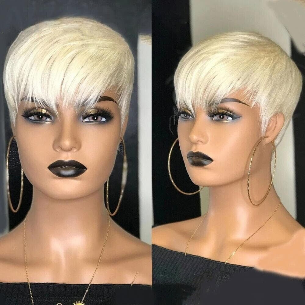 Short Wig Layered Blonde Cut Human Hair Wig 613# Straight Hair Pixie Wigs with Bangs