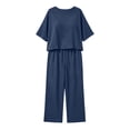 thumbnail image 4 of Purcolt Womens 2 Piece Cotton Linen Matching Set Comfort Casual Crew Neck Short Sleeve Tops Elastic Waisted Wide Leg Trousers Comfort Loose Fit Outfits Loungewear, 4 of 7