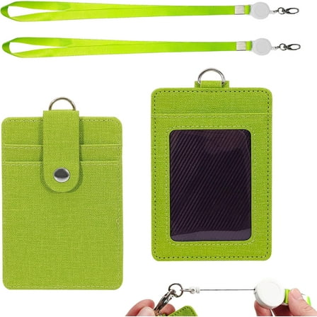 2PCS ID Badge Holder with Retractable Lanyard, 3 Slots Leather Vertical ID Card Holder, Easy Swipe ID Holder for Work, Keycard, Access Card, Name Badge Protector (Green)