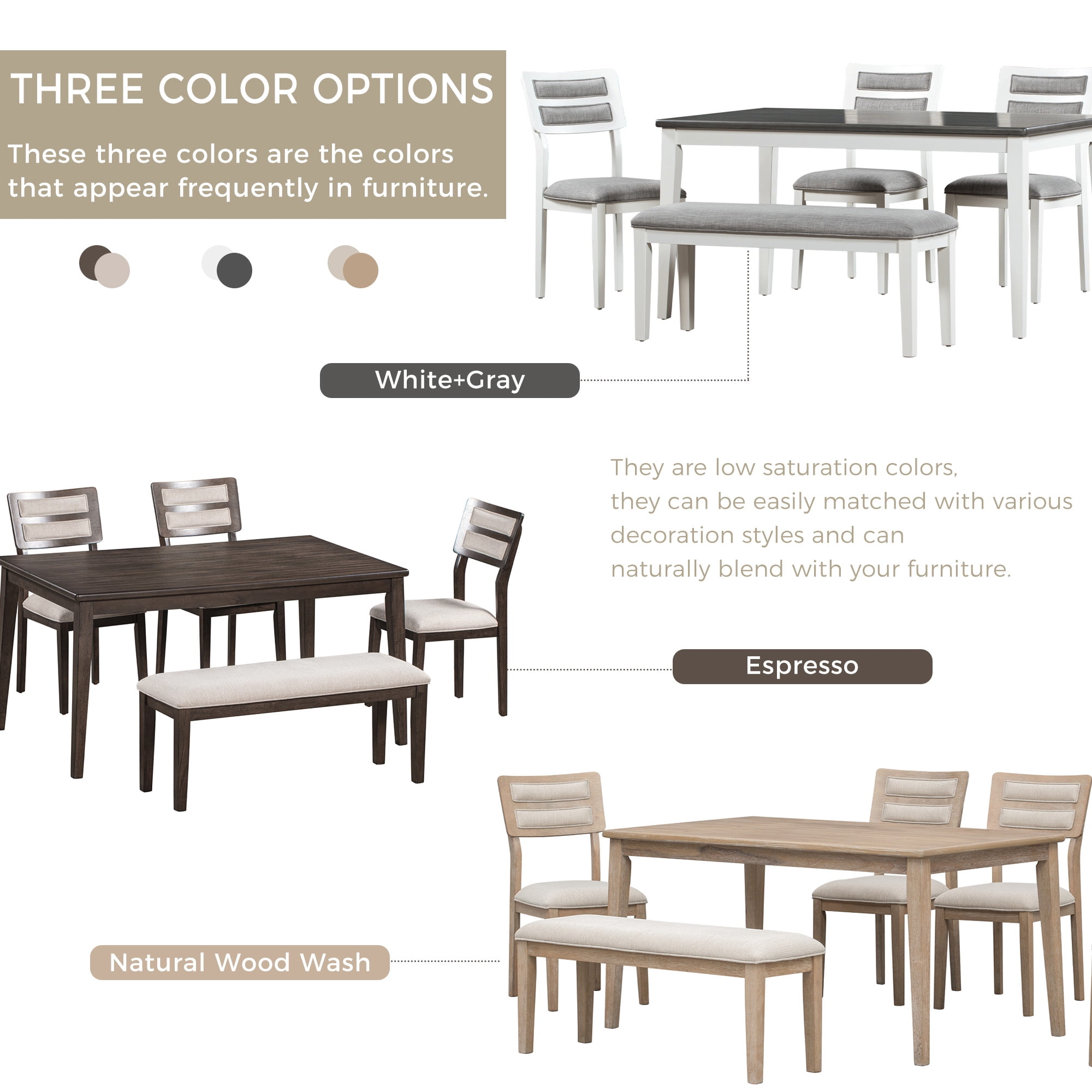 Howcool Classic Traditional 6-Piece Dining Set, Table, 4 Upholstered Chairs & Bench, Natural Wood Wash