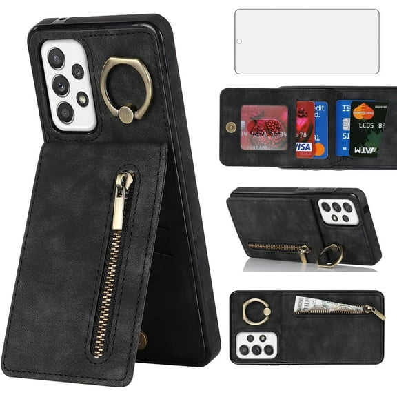 Phone Case for Samsung Galaxy A52/A52S 5G Wallet Cover with Tempered Glass Screen Protector and RFID Card Holder Ring Stand Leather Cell Accessories A 52 S 4G G5 52A S52 52S Women Men Black