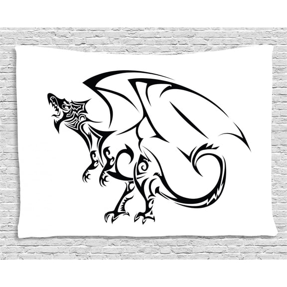 Celtic Tapestry, Tribal Dragon Sketch as Ancient Cult Myth Fantasy Animal Tattoo Art Design, Wall Hanging for Bedroom Living Room Dorm Decor, 60W X 40L Inches, Black and White, by Ambesonne