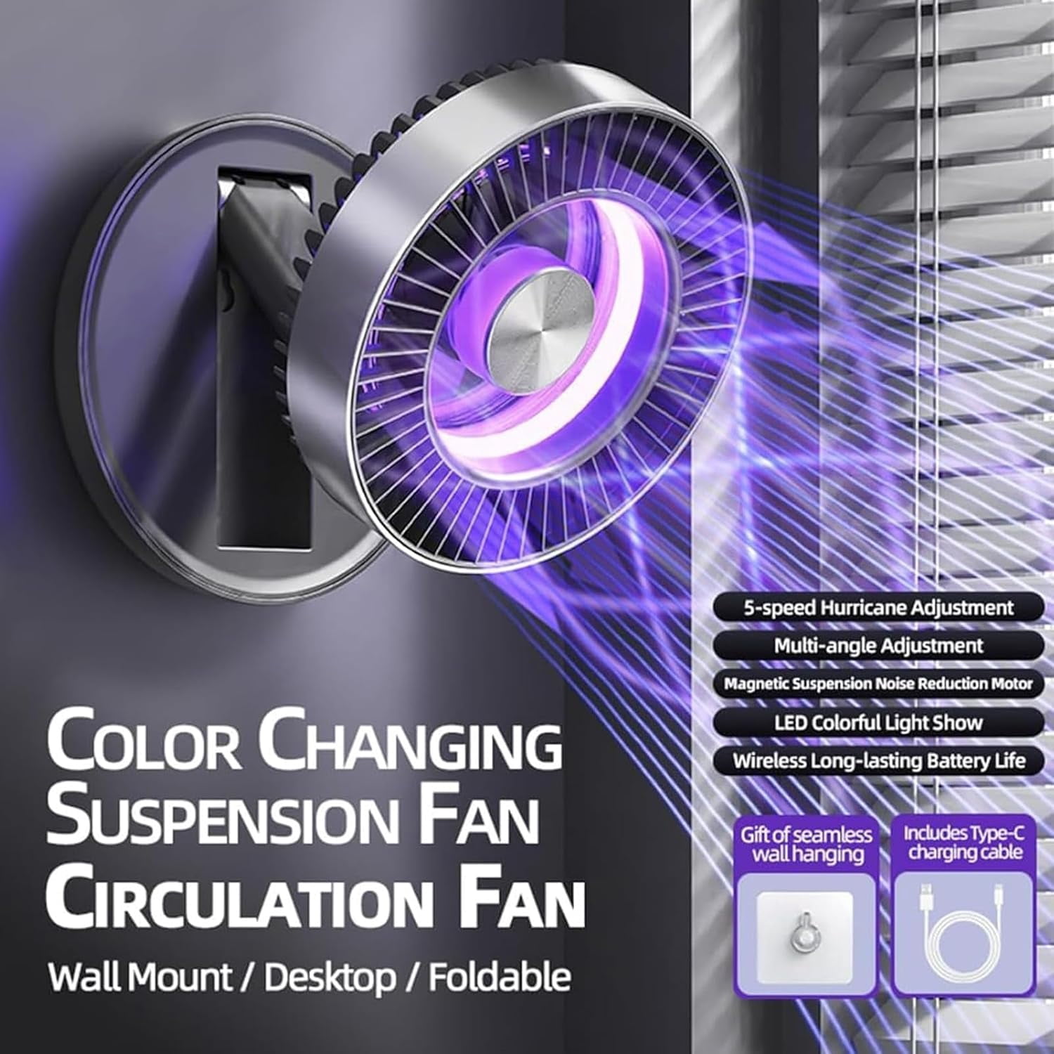 USB Desk Fan with LED Light, 3-in-1 Portable Foldable Table Fan, 5 Speeds, Rechargeable Wall-Mounted Quiet Cooling Fan for Home Office Kitchen Dorm(xxw)