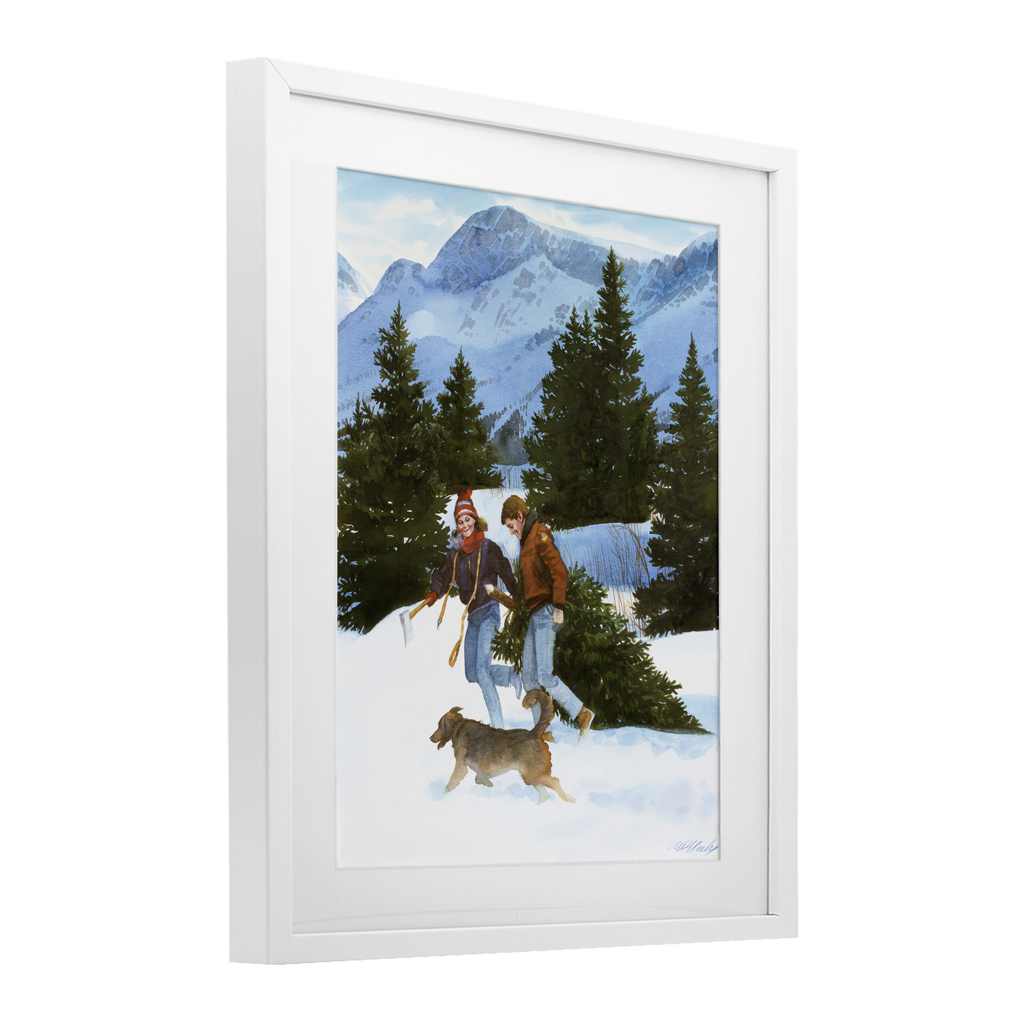 Couple Bringing Home Tree White Framed Print Under Glass, design by Wind River Studios