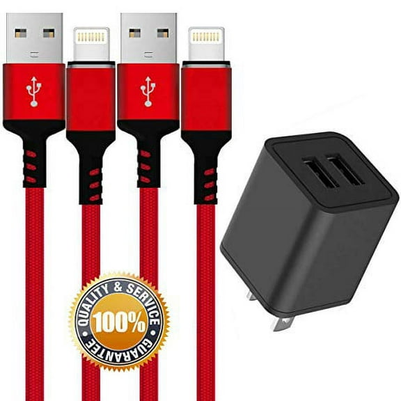 Chargers, 2.4A Power Adapter 2-Port Travel Wall Charger with 2-Pack USB Data Charge Cable Cords Compatible with Apple iPhone, iPod Mobile Digital Device, Red