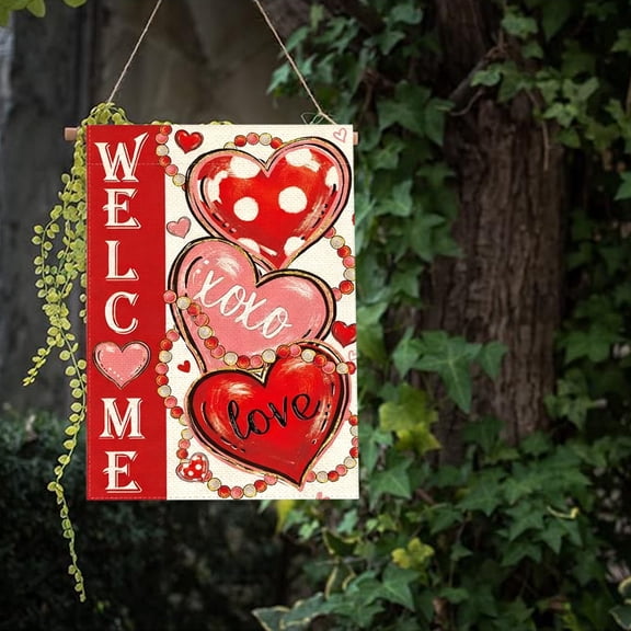 Upgraded Garden Flag 12x18 Inches Pinks Heart Patterns Valentines's Day Patio Flag Linen Banners Verticals Double-sided Suitable For Farmhouses Outdoor Use Z