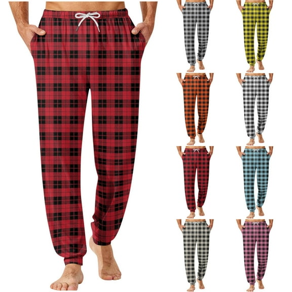 Ashirexll Winter Pajamas for Men, Mens Pajama Pants, Checkered Printed Sleepwear Pants with Elastic Drawstring Waist and Bundle Leg