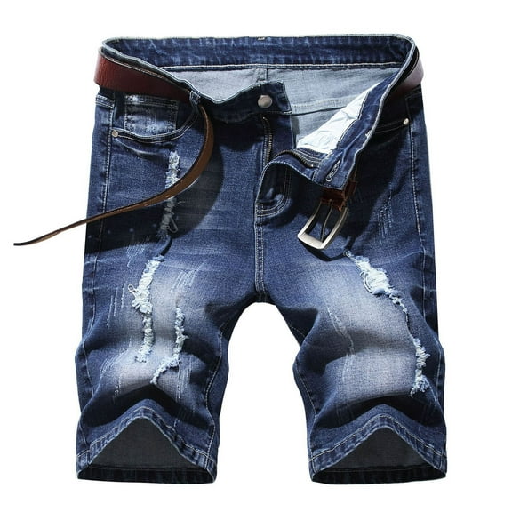 Leesechin Mens Denim Shorts Zipper Elastic Slim Mens Shorts Jean Shorts Play Wrap Ripped Mid-length Pants