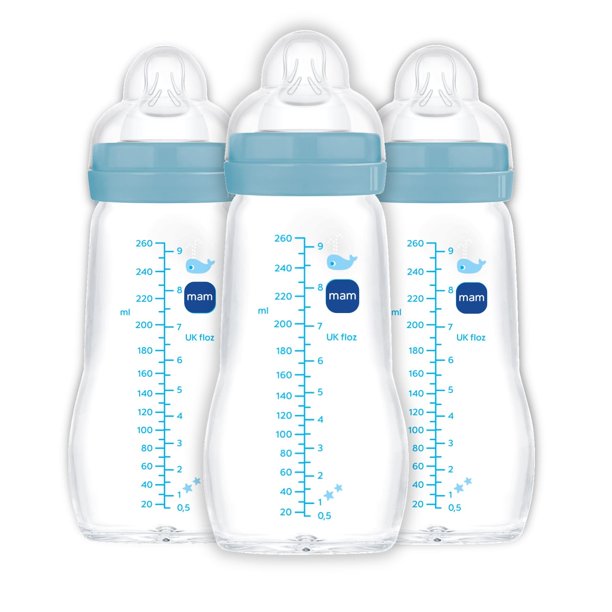 Set de 3 Mamaderas de Vidrio MAM para Bebé 260ml Flujo Medio Sin BPA