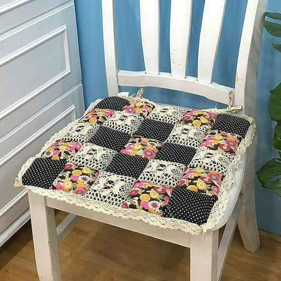 Firefly Hope 16"x16" Patchwork Chair Pad with Ties, Non-Slip Chair Cushion with Lace Trim, Farmhouse Floral Print for Kitchen Dining Seat, Black A