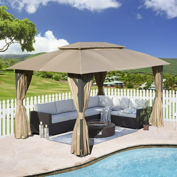 Boyel living Gazebo 10x14FT, Outdoor Gazebo with Double Roofs, Privacy Curtains, Mosquito Nettings, Heavy Duty Metal Frame Party Tent Canopy for Patio, Backyard, Deck, Lawn, Brown