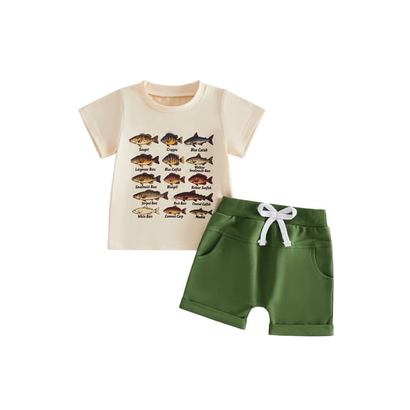 BemeyourBBs Toddler Baby Boys Summer Clothes Newborn Infant Baby Boy Farm Animal Fishing Outfits Animals Fish Letter Print Short Sleeve T-Shirts Elastic Waist Pockets Shorts 2Pcs Set