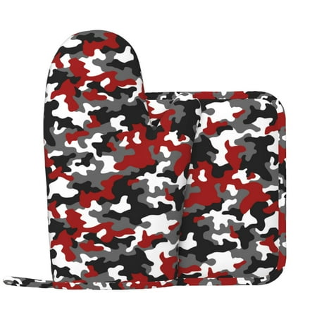 

Oven Mitts and Pot Holders Sets - Red Grey White Camouflage Heat Resistant Silicone Oven Gloves (Left Glove) with Non-Slip Silicone Surface and hot pads for kitchen Baking Cooking