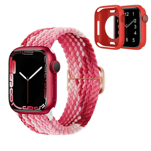 Dwitch Compatible with Apple Watch Series 9/8/7 Band & Case,Braided Elastic Solo Loop Nylon Band Strap Sports Women Men Kids Wristbands Straps for iWatch 41mm,Strawberry Red