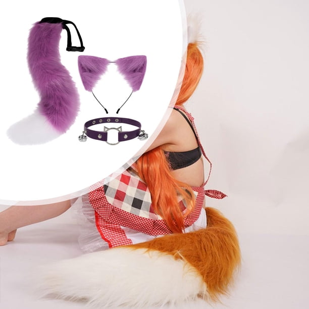 Conjunto de orejas y cola de gato, accesorios para el cabello para cosplay, diadema con orejas de gato para baile de máscaras Púrpura